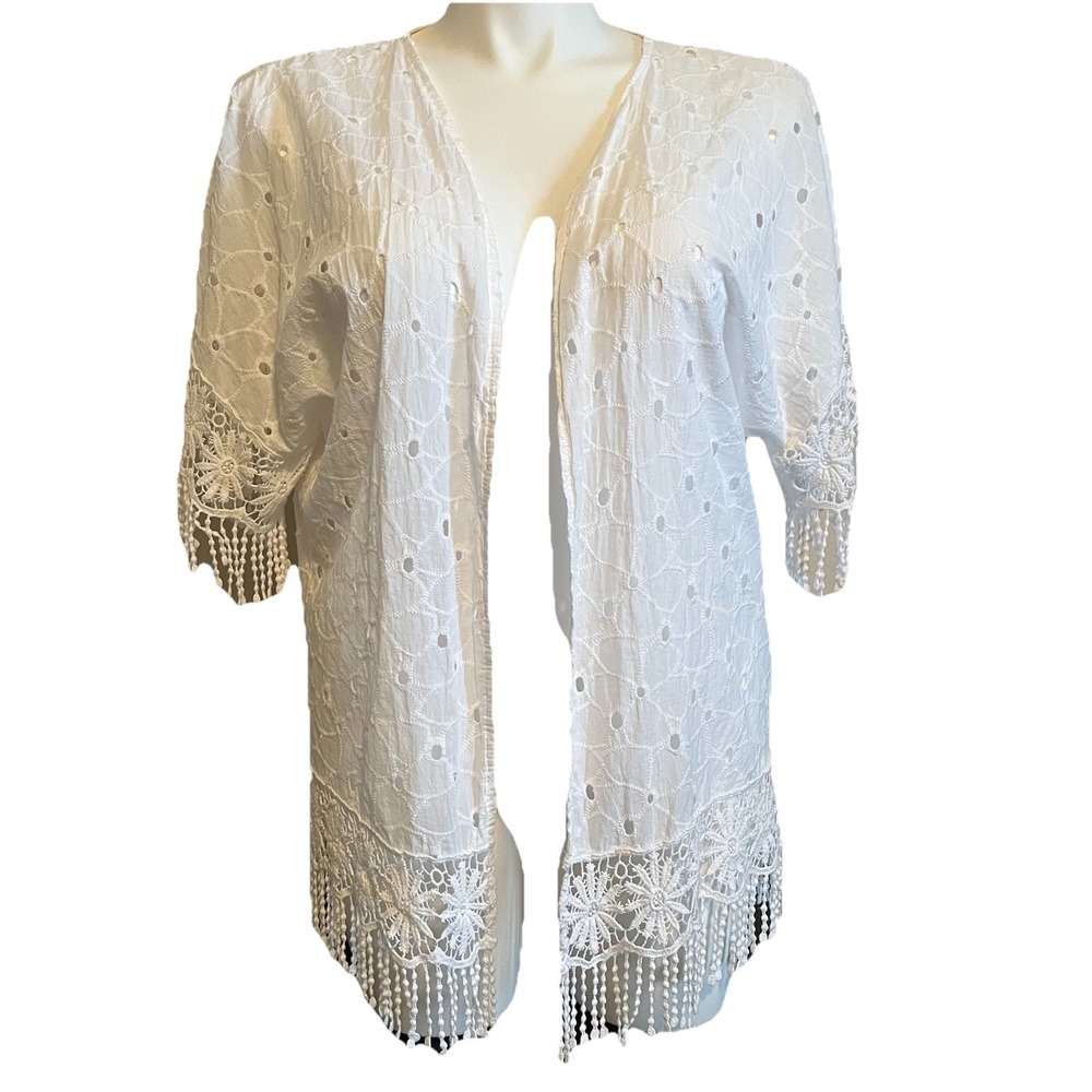 White Cotton Eyelet Jacket OS Made in Italy Lagenlook Layering Crochet Fringe